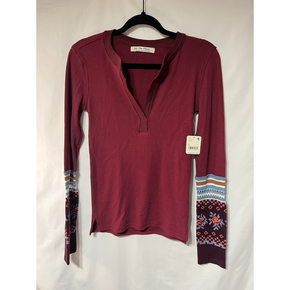 We The Free Thermal Top Long Sleeve Floral Cuff Bohemian Casual Tee Burgundy S